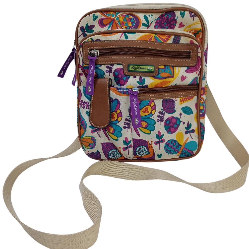Lily Bloom Crossbody Bag Beige Multi Color Butterfly Bug Print Adjustable Strap